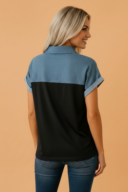 Colorblock Denim Patchwork Polo Collar Top