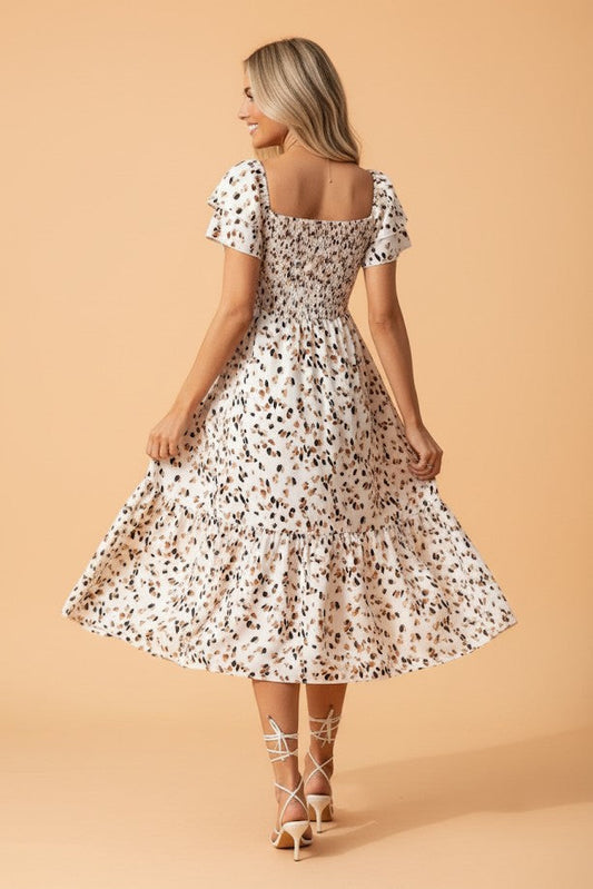 Leopard Smocked Square Neck Ruffle Sleeve Dress