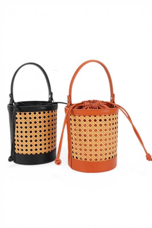 Peforated Bamboo Braided Convertible Bucket Bag