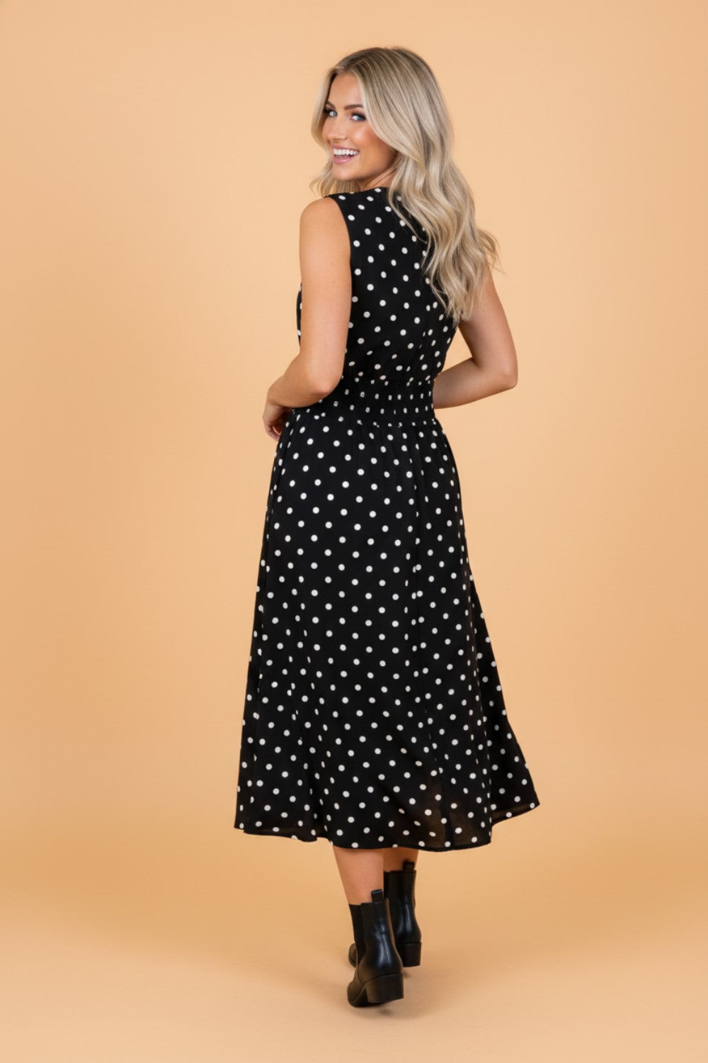 Polka Dot Zip Up V-Neck Sleeveless Dress