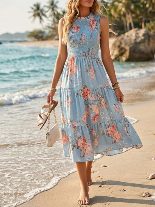 Mint Blue Floral Rose Tiered Smocked Midi Dress