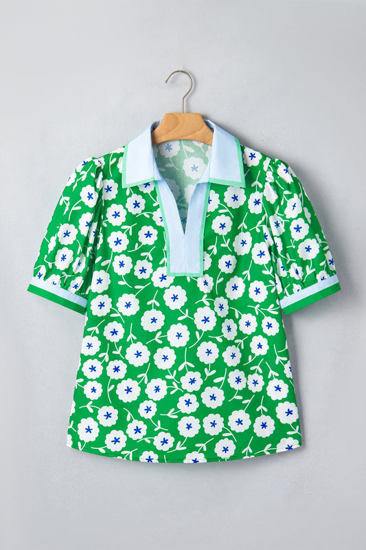 Flower Contrast Patchwork Collar Short Sleeve Blouse