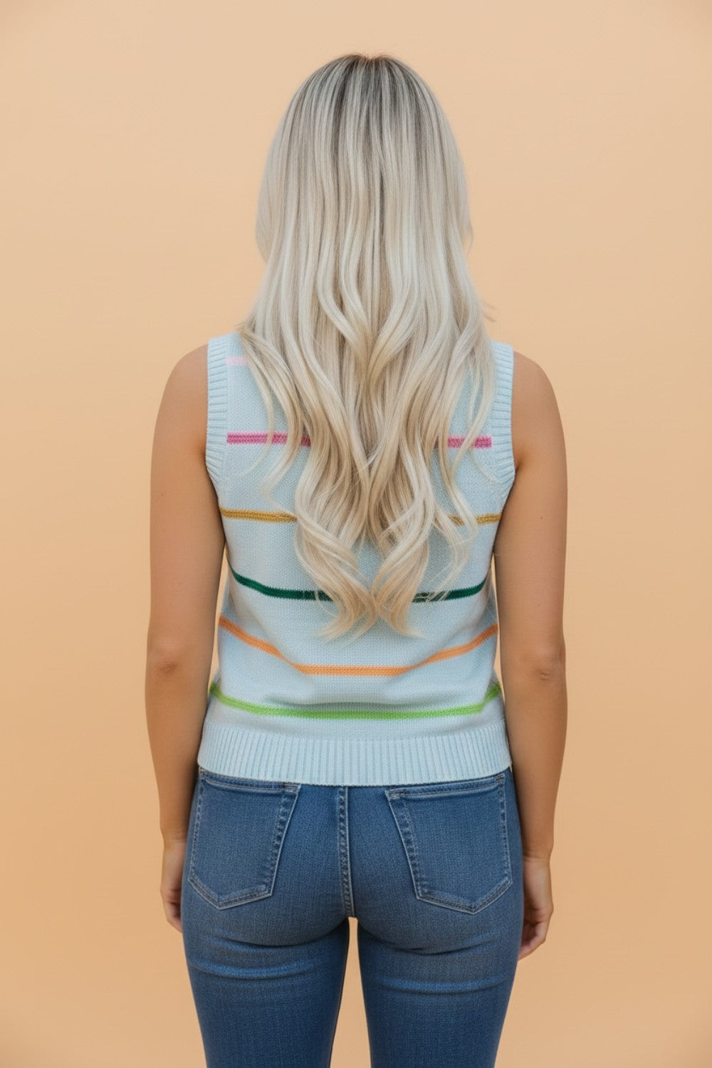 Stripe Ribbed Trim Sleeveless Sweater Knit Tank