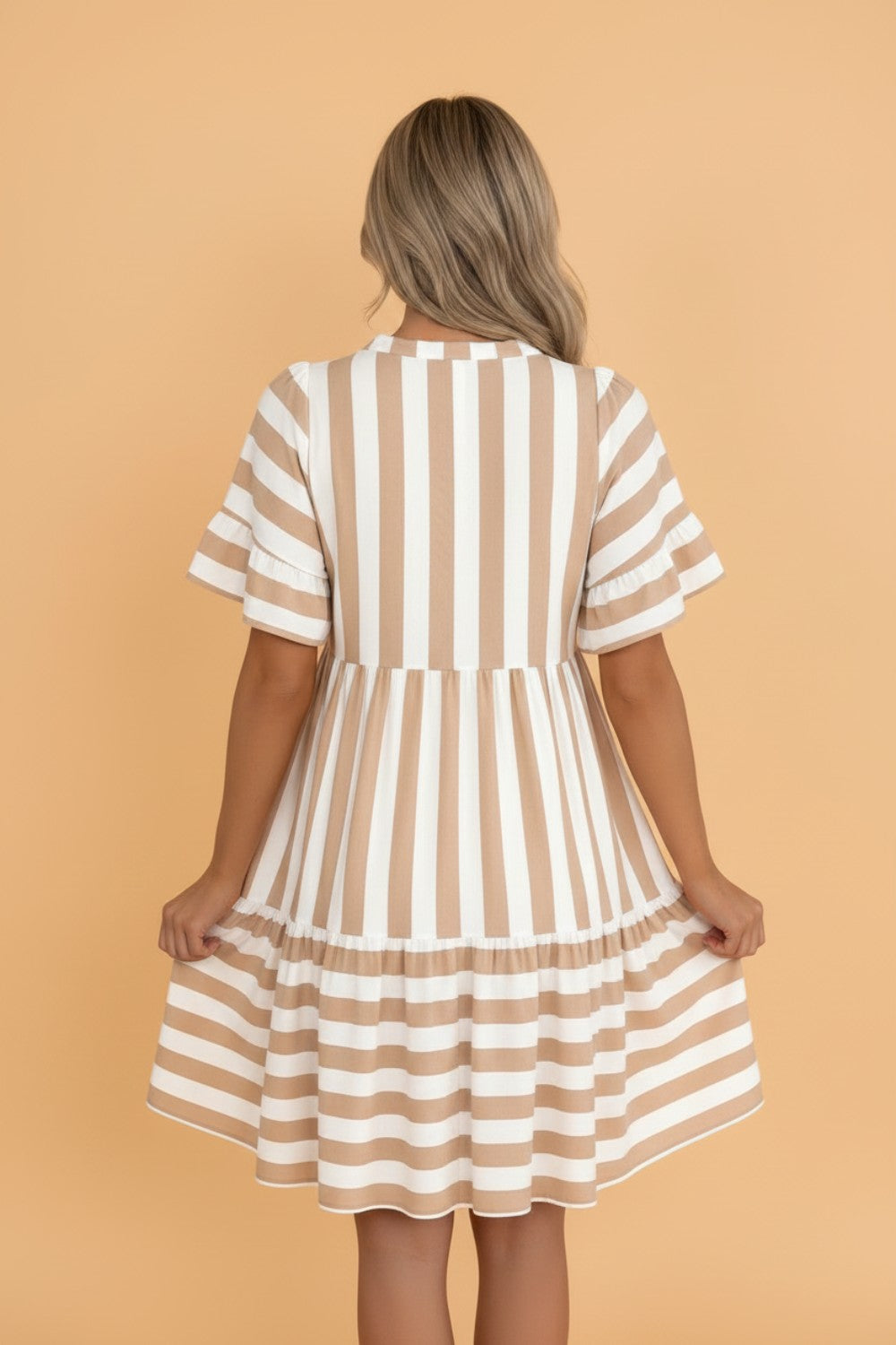 Stripe Tie V-Neck Ruffle Trim Mini Dress
