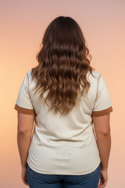 Plus Size Colorblock Distressed Short Sleeve Henley Tee