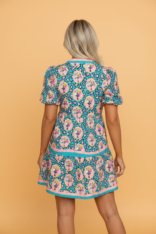 Floral Leopard Contrast Stripe Puff Sleeve Dress