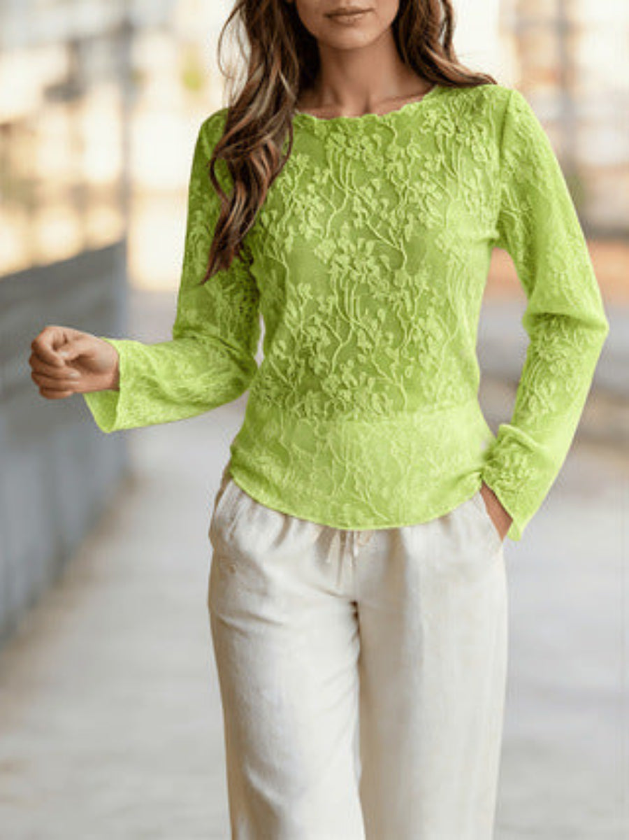 Women's Lace Trim Round Neck Long-Sleeve Top – Elegant Slim Fit