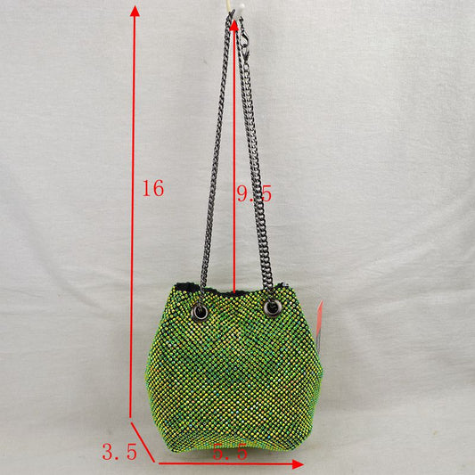 Textured Bucket Bag with Metallic Chain Straps