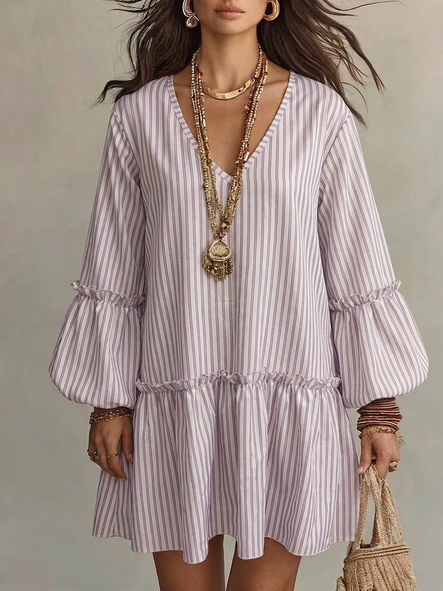 Women's Stripe Print V-Neck Lantern Sleeve Mini Dress