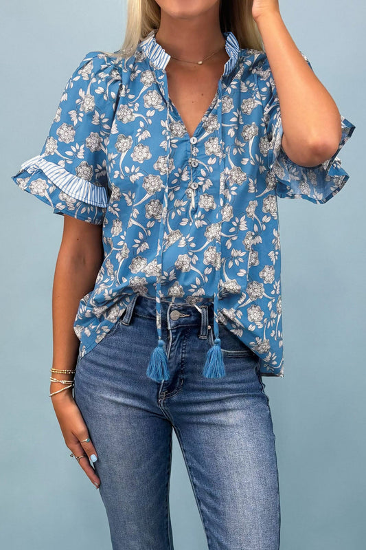 Floral Stripe Trim Tie-Neck Short Sleeve Blouse