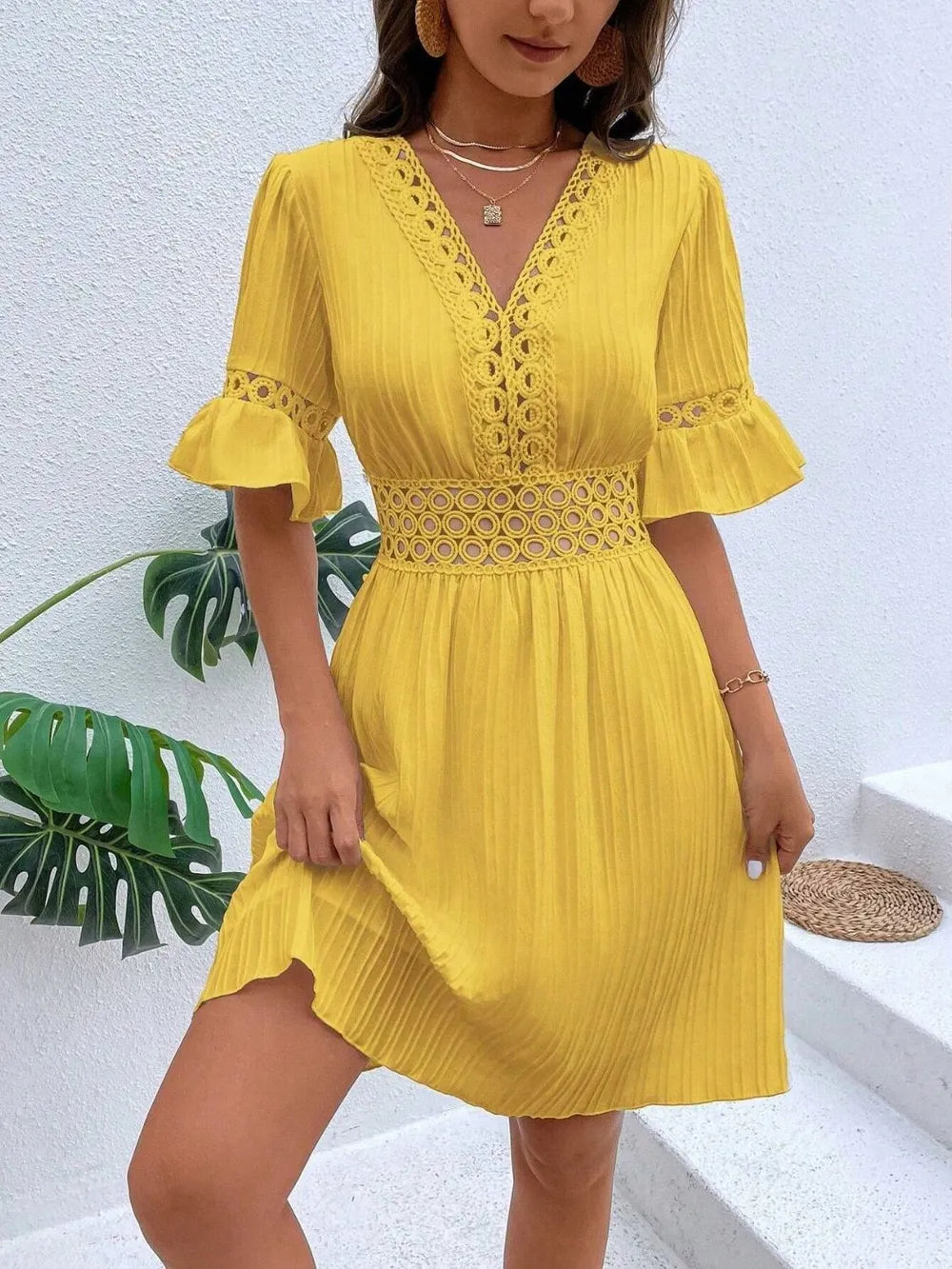Cutout V-Neck Flounce Sleeve Mini Dress – Ruffled Lined Style