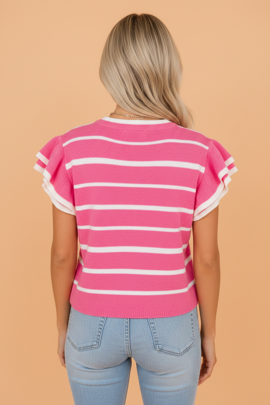 Stripe Ruffle Short Sleeve Knit Sweater