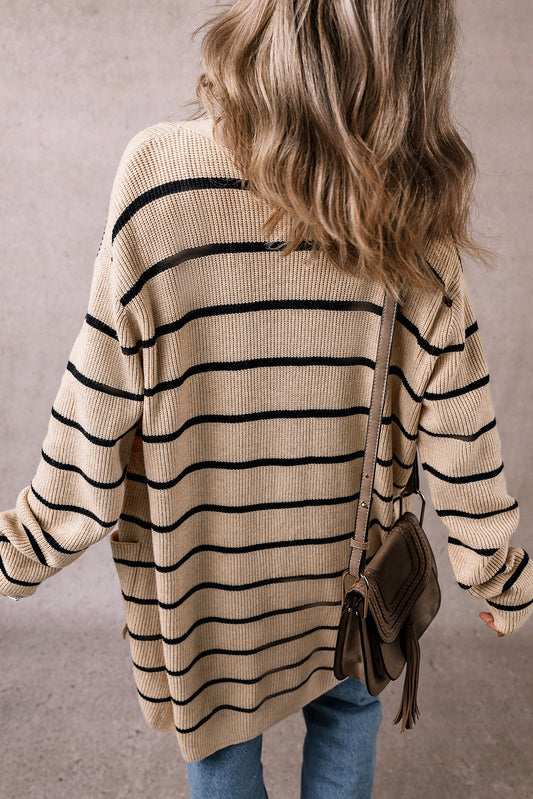 Stripe Shawl Neck Pocketed Open Cardigan