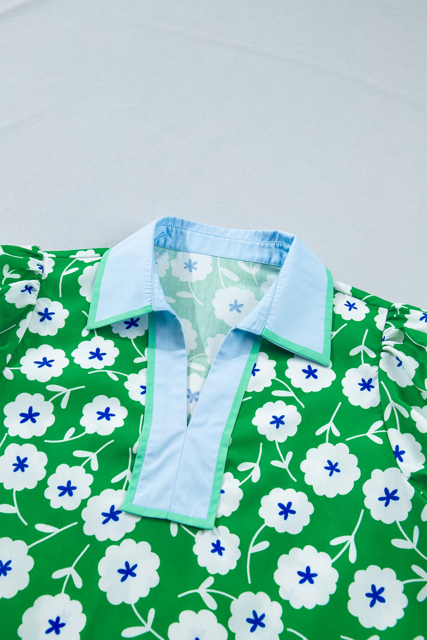 Flower Contrast Patchwork Collar Short Sleeve Blouse