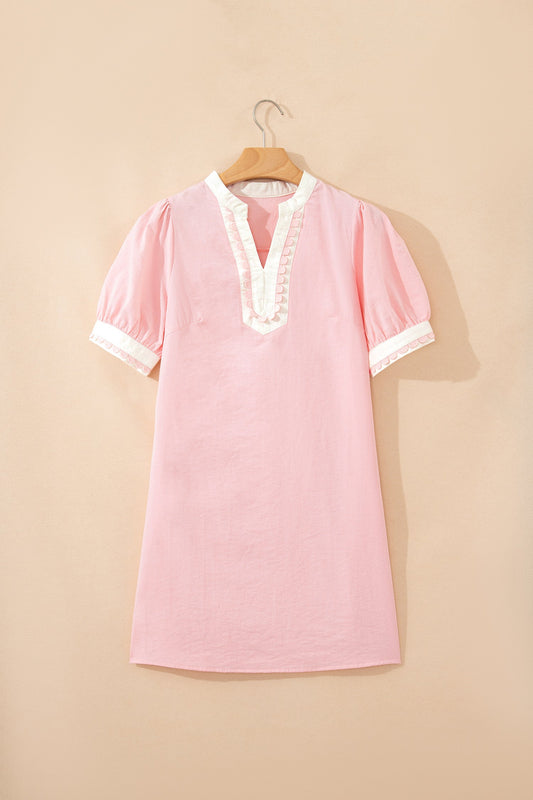 Scallop Trim Colorblock Puff Sleeve Mini Dress