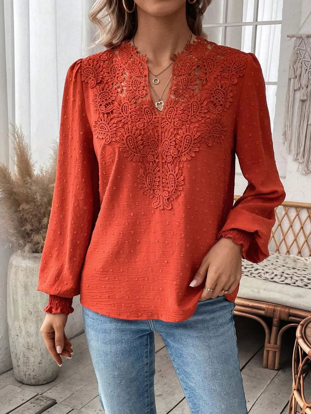 Swiss Dot Lace Detail Notched Long Sleeve Blouse – Feminine Style