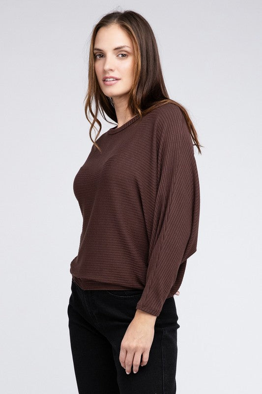 Ribbed Batwing Long Sleeve Boat Neck Sweater