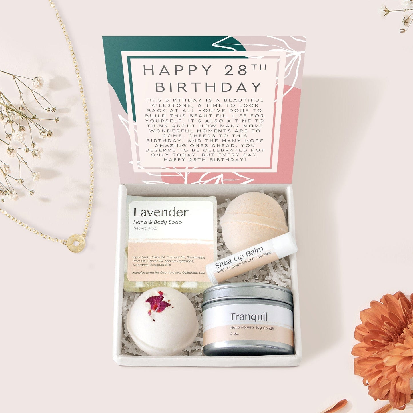 28th Birthday Compass Necklace Spa Gift Box Set