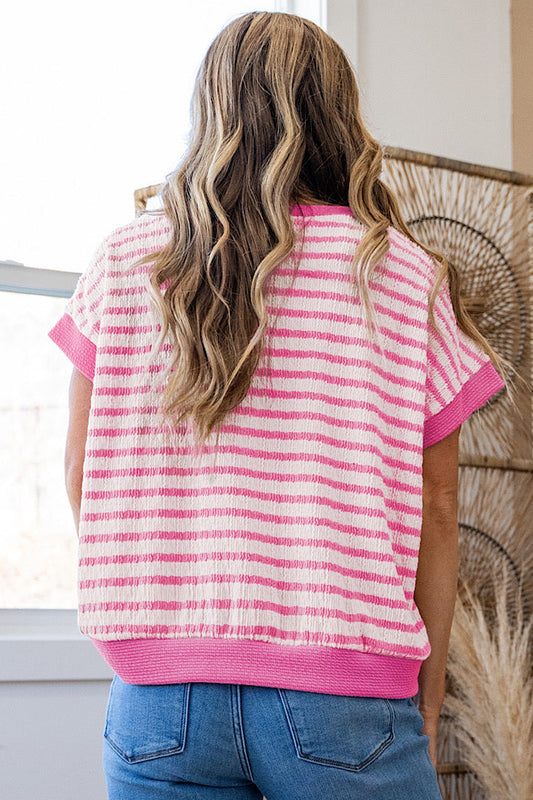 Stripe Textured Knit V-Neck Short Sleeve Top