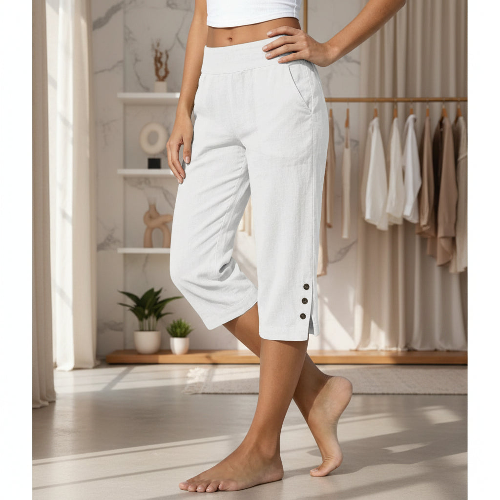 Women's High-Waist Cropped Straight-Leg Pants – Button Detail Slit Front