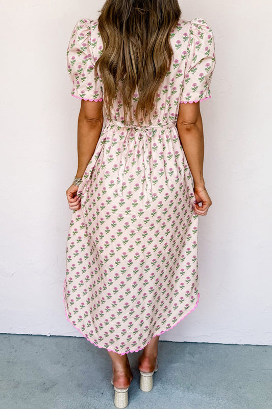 Floral Scallop Trim V-Neck Button Front Maxi Dress