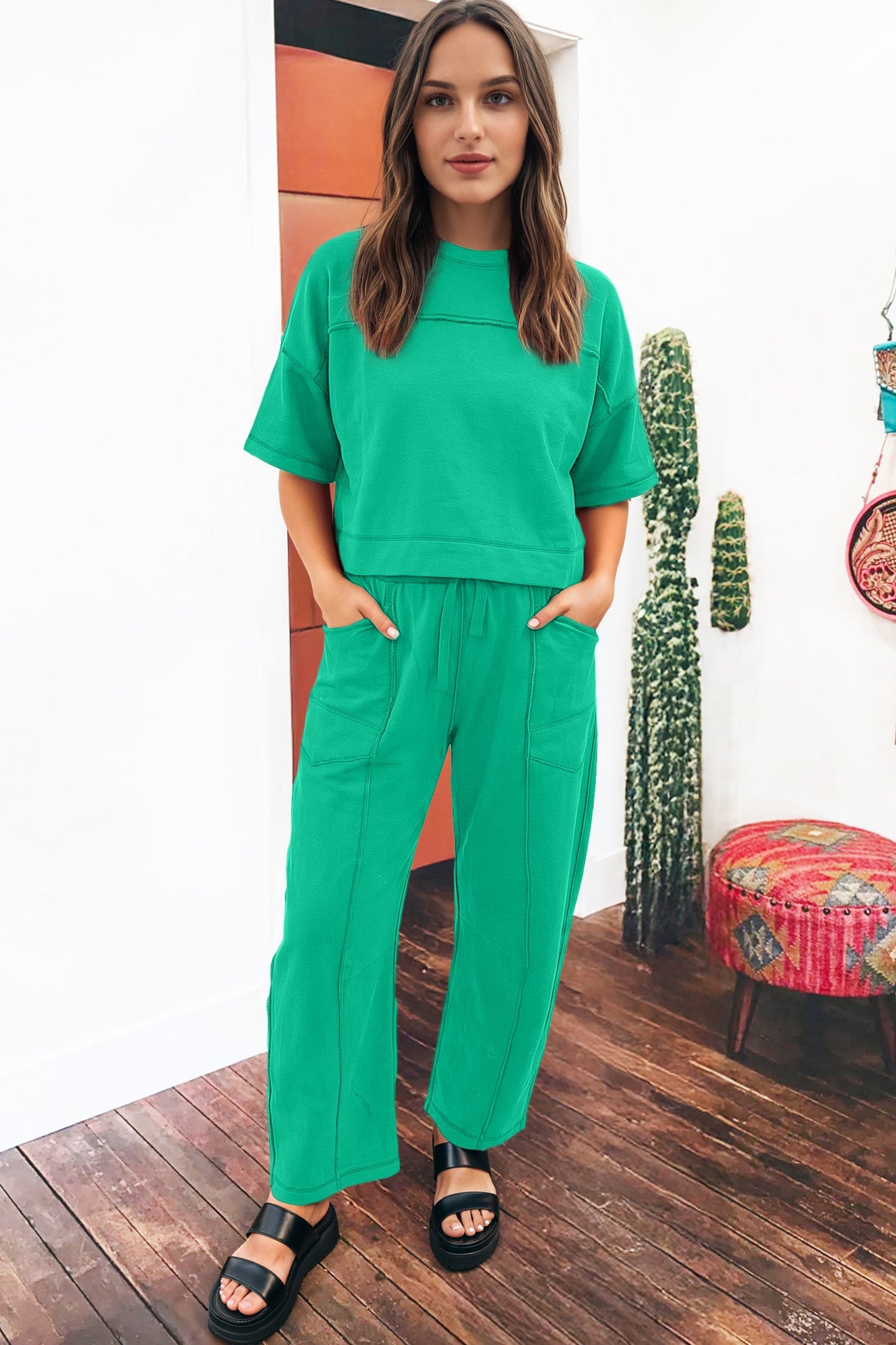 Solid Drop Shoulder Boxy Tee & Barrel Pants Set
