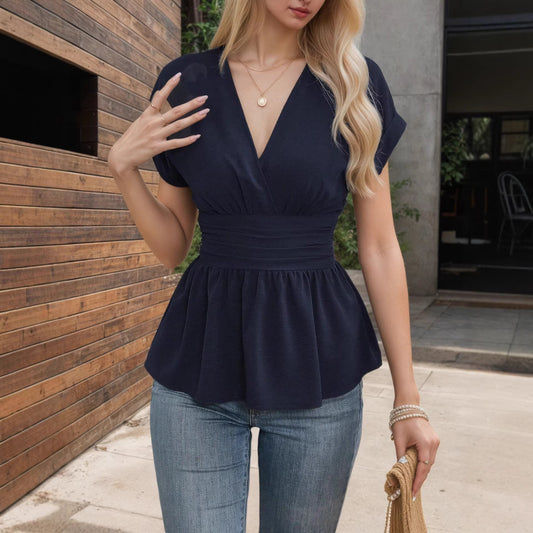 Women's V-Neck Fitted Waist Peplum Top β Ruched Waistband Cap Sleeve Pleated Hem Blouse
