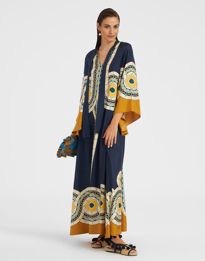 Women's Printed Maxi Dress – Stand Collar Flared Sleeve A-Line Gown
