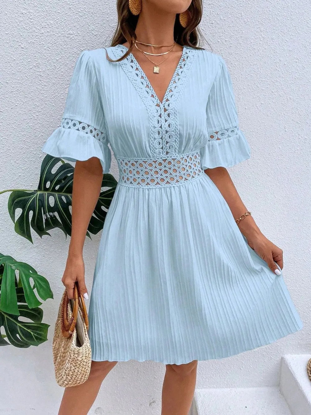 Cutout V-Neck Flounce Sleeve Mini Dress – Ruffled Lined Style