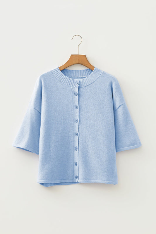 Solid 3/4 Sleeve Boxy Button-Down Cardigan