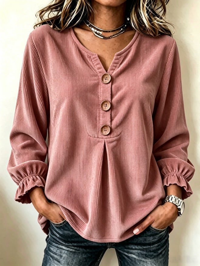 Women's Corduroy Long-Sleeve Blouse – Patchwork Minimalist Top