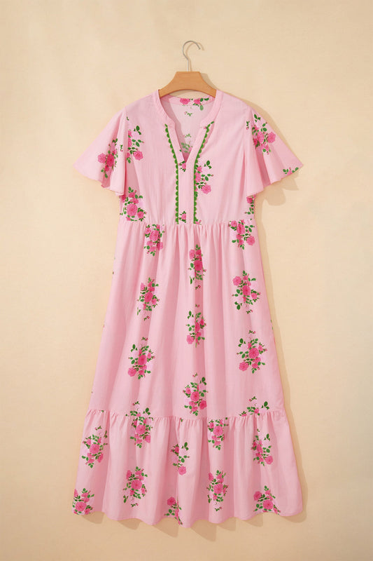 Floral Notched Neck Flutter Sleeve Maxi Dress
