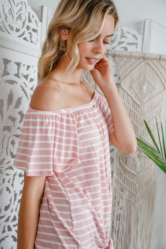 STRIPE OFF SHOULDER BUTTON DOWN TOP