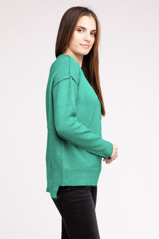 MELANGE HI-LOW HEM ROUND NECK SWEATER