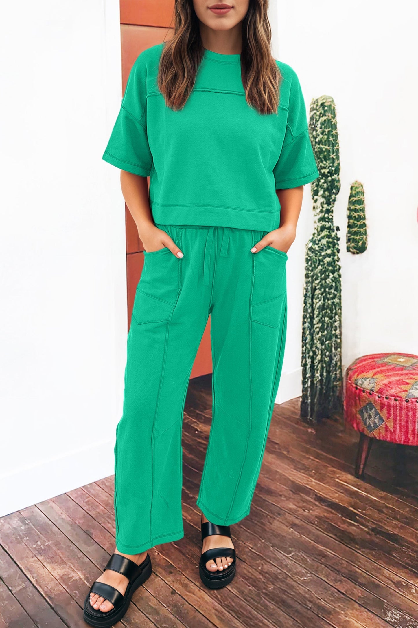 Solid Drop Shoulder Boxy Tee & Barrel Pants Set