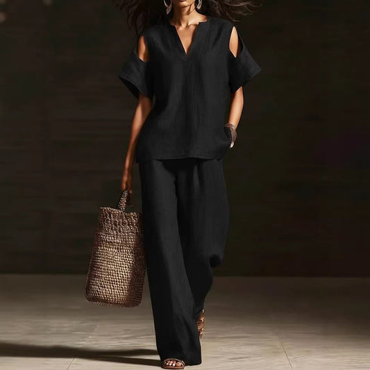 V-Neck Short Sleeve Top & Straight-Leg Pants Set β Ripped Detail, Pockets, Solid Color