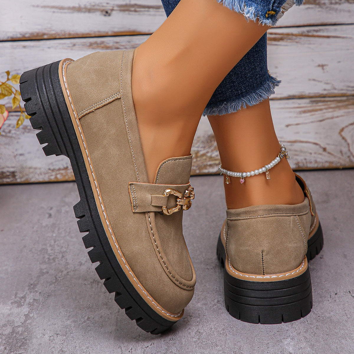 Women's British-Style Chunky Block Heel Low-Top Shoes