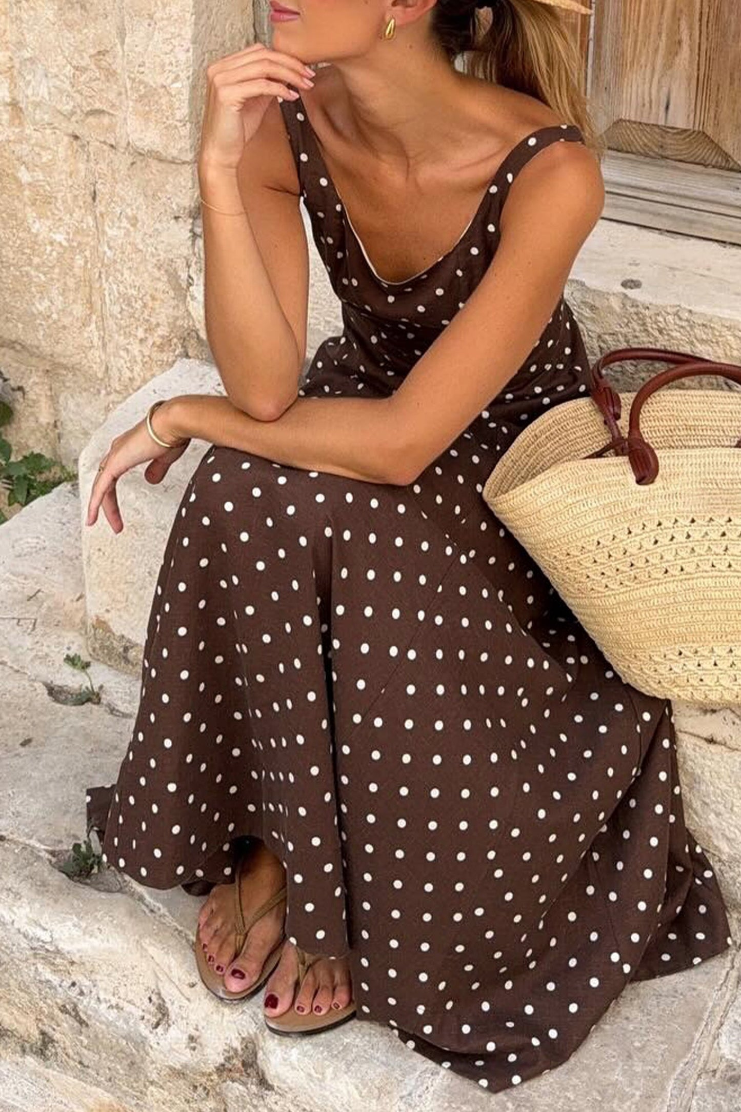 Polka Dot Square Neck Vacation Maxi Dress