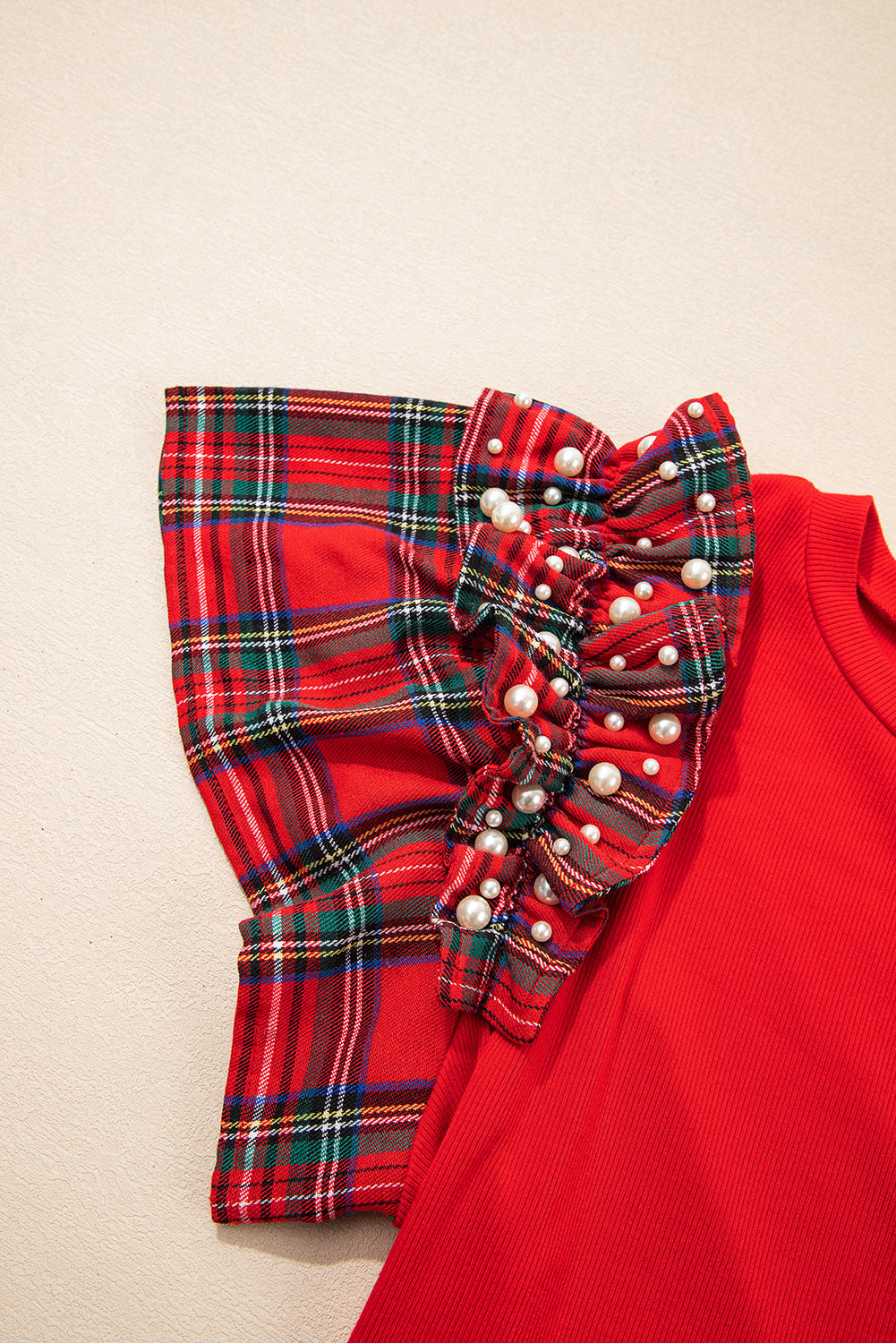 Plaid Patchwork Pearl Ruffle Sleeve T-Shirt