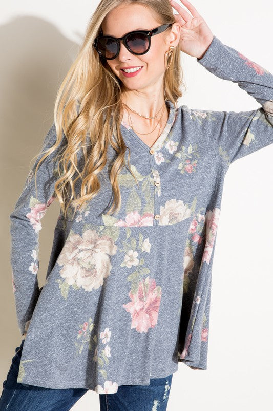 FLORAL TRIBLEND BABYDOLL TOP