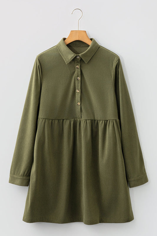 Solid Corduroy Half-Button Collared Mini Dress