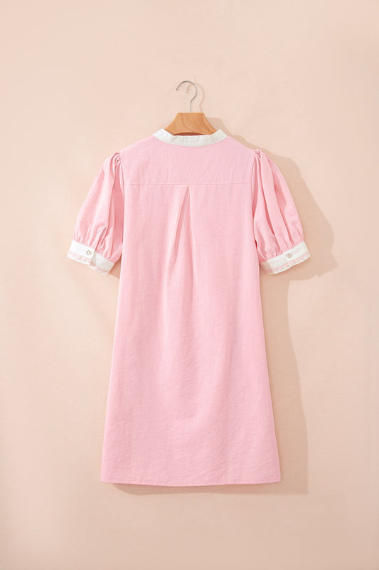 Scallop Trim Colorblock Puff Sleeve Mini Dress