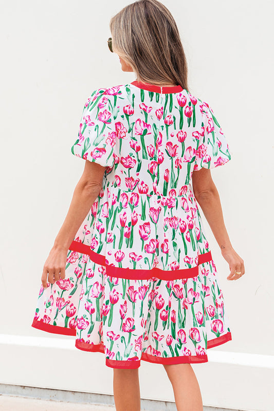 Floral Contrast Trim V-Neck Babydoll Dress