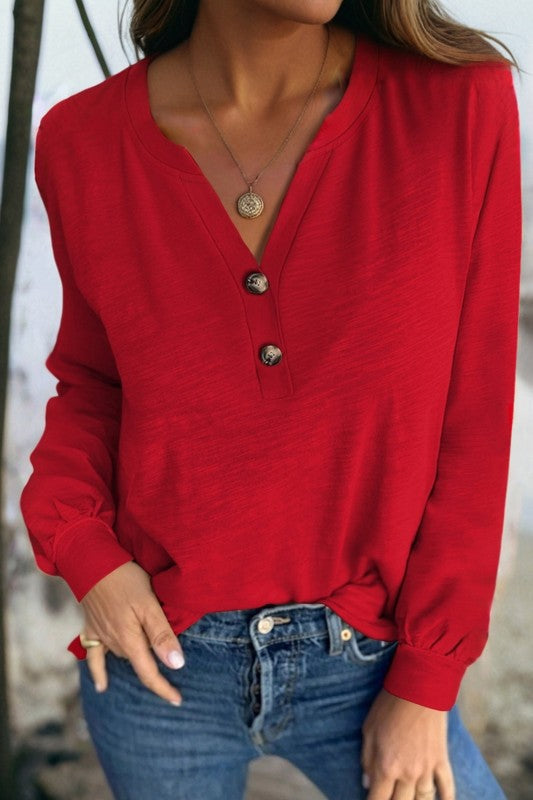 SOLID V-NECK BUTTON LONG SLEEVE TOP | MODERN EMPORIUM - Modern Emporium Boutique