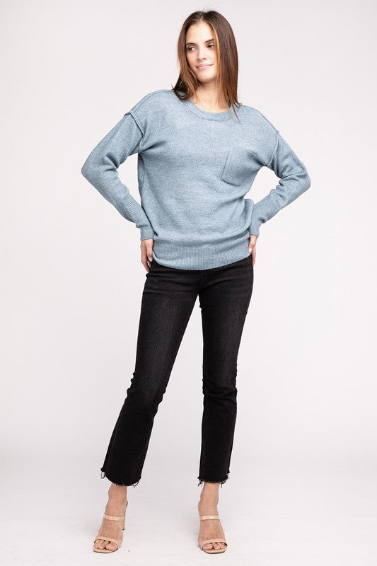 MELANGE HI-LOW HEM ROUND NECK SWEATER