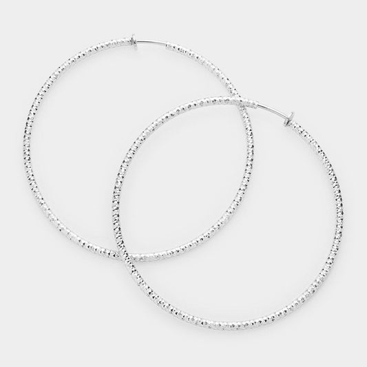 Women's 3.2" Textured Metal Hoop Clip on Earrings