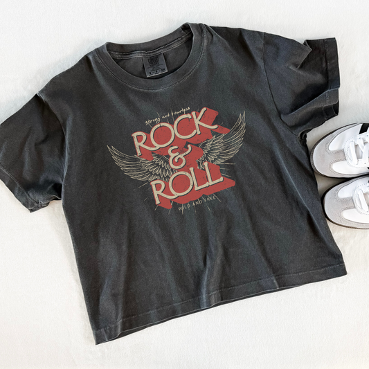Rock & Roll Graphic Cropped Tee – Vintage Wash Boxy T-Shirt