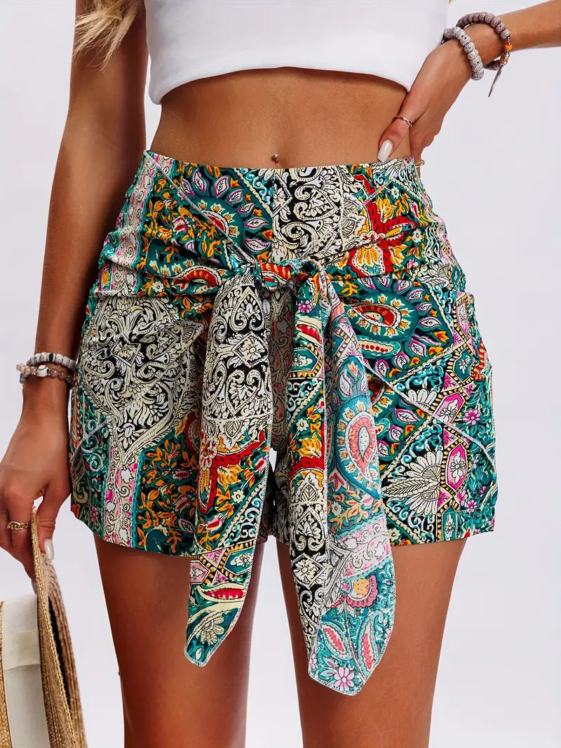 Women's Printed High-Waisted Bohemian Shorts – Front-Knot Detail