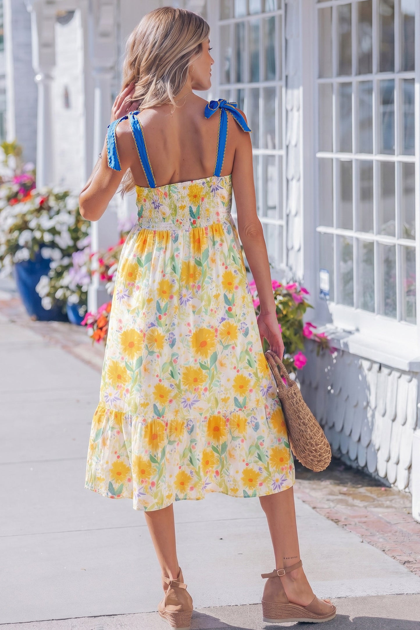 Floral Denim Tie Strap High Waist Maxi Dress