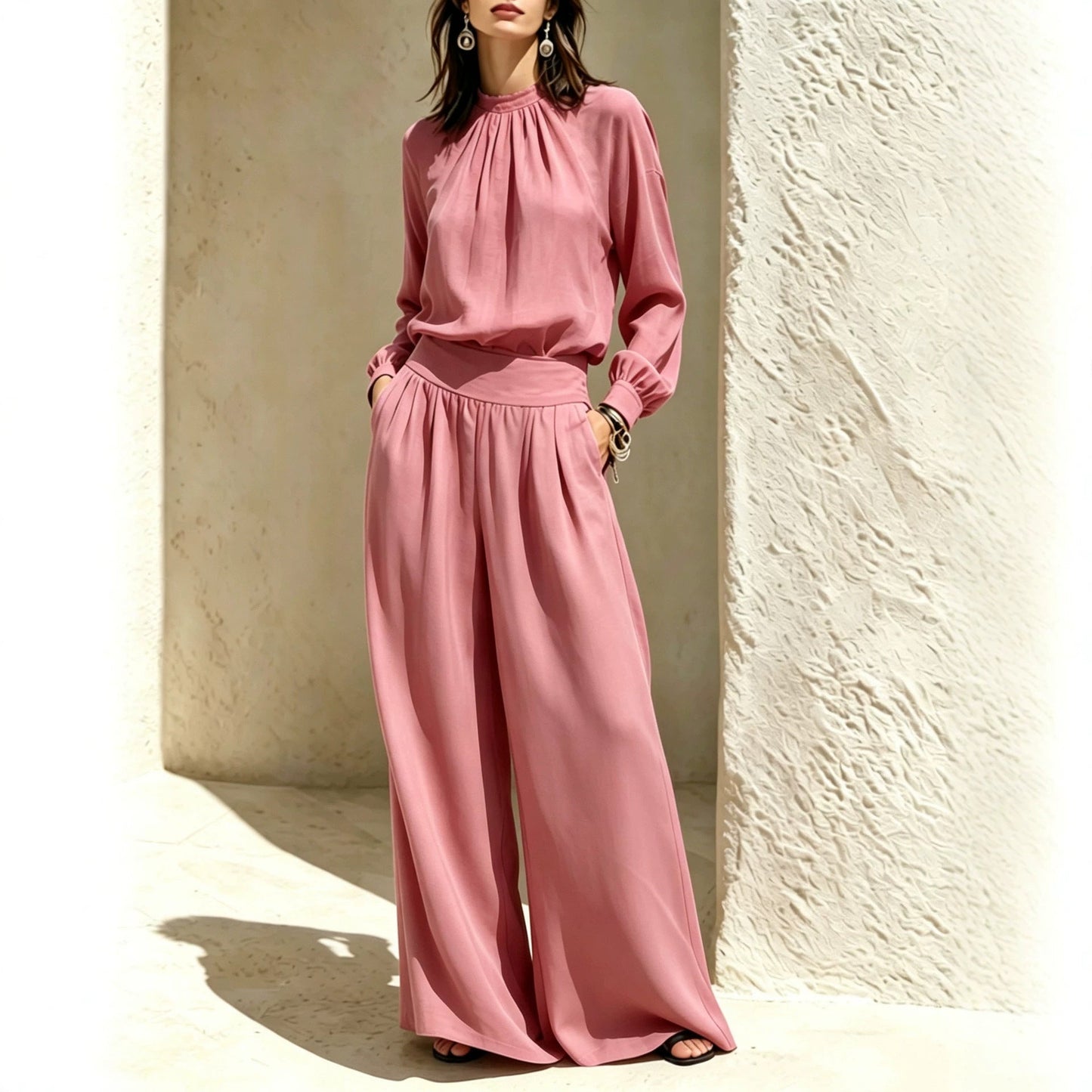 Women's Stand-Up Collar Puff Sleeve Blouse & Wide-Leg Pants Set